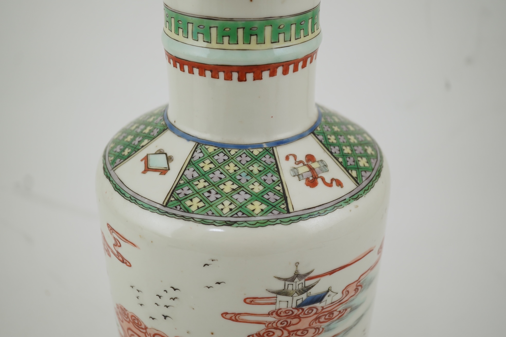A Chinese famille rose rouleau vase, Kangxi mark, c.1900